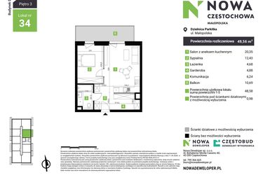 Rzut - Mieszkanie na sprzedaż 2 pokoje o powierzchni 49,56 m² - numer D34 w Nowa Częstochowa Małopolska etap II