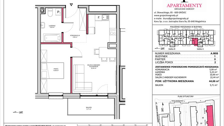 Rzut - Mieszkanie na sprzedaż 2 pokoje o powierzchni 44,66 m² - numer A.08 w Apartamenty Grójeckie Ogrody