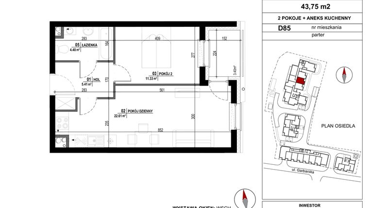 Rzut - Mieszkanie na sprzedaż 2 pokoje o powierzchni 43,75 m² - numer D.85 w Garbarska Urban Koncept