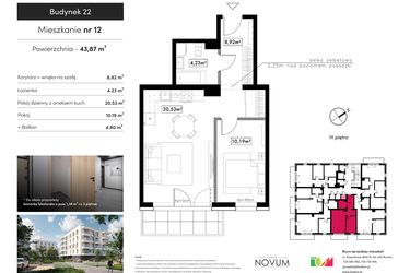 Rzut - Mieszkanie na sprzedaż 2 pokoje o powierzchni 43,87 m² - numer 12 w Novum Rumia - bud. 22