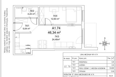 Rzut - Mieszkanie na sprzedaż 2 pokoje o powierzchni 46,34 m² - numer A1.74 w FORTnatura