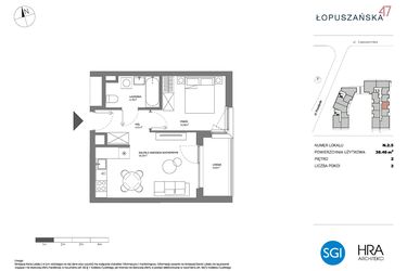 Rzut - Mieszkanie na sprzedaż 2 pokoje o powierzchni 38,46 m² - numer N.2.5 w Łopuszańska 47 - etap 4
