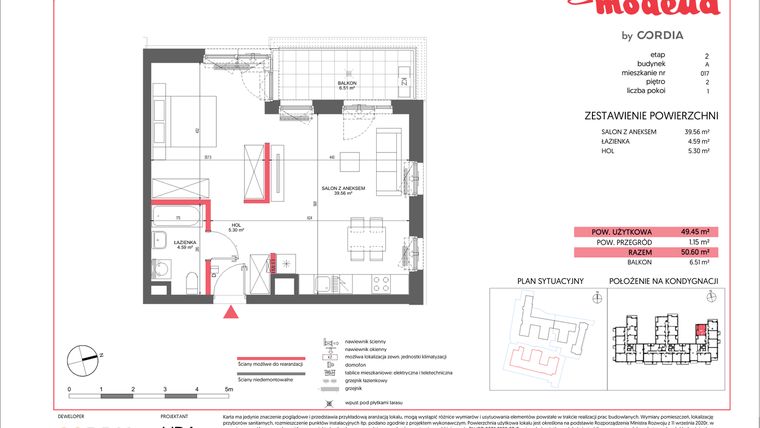 Rzut - Mieszkanie na sprzedaż 1 pokój o powierzchni 49,45 m² - numer A.017 w Modena II
