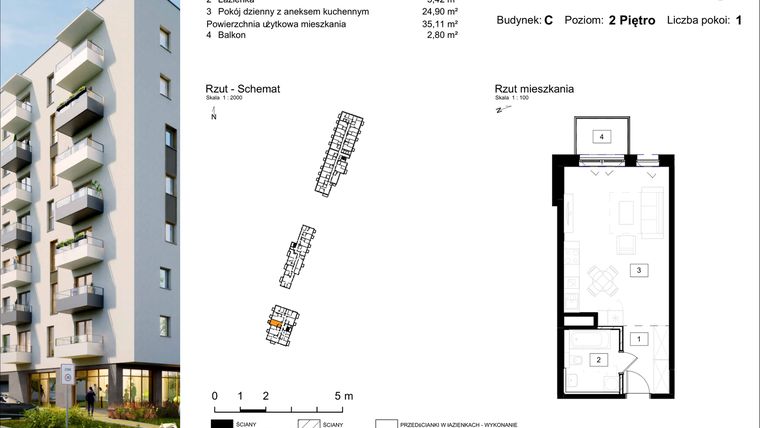 Rzut - Mieszkanie na sprzedaż 1 pokój o powierzchni 35,11 m² - numer C.20 w Osiedle Kochanowskiego - Gliwice