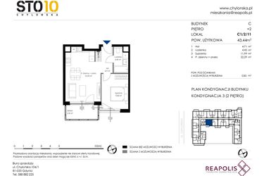 Rzut - Mieszkanie na sprzedaż 2 pokoje o powierzchni 43,44 m² - numer C1/2/11 w Chylońska STO10 etap III
