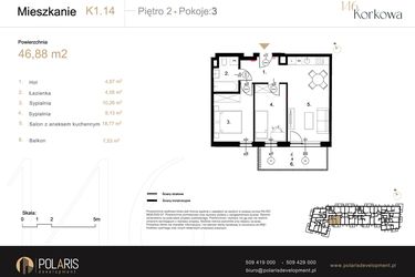 Rzut - Mieszkanie na sprzedaż 3 pokoje o powierzchni 46,88 m² - numer K1.14 w Korkowa 146