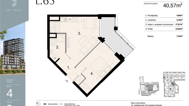 Rzut - Mieszkanie na sprzedaż 2 pokoje o powierzchni 40,57 m² - numer L65 w Sky Trust etap II - apartamenty inwestycyjne 23% VAT PRS