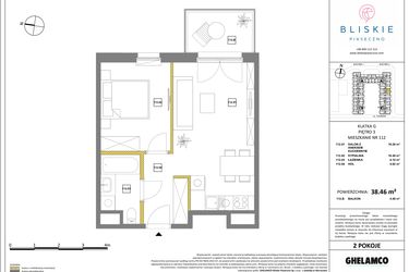 Rzut - Mieszkanie na sprzedaż 2 pokoje o powierzchni 38,46 m² - numer 112 w Bliskie Piaseczno 2