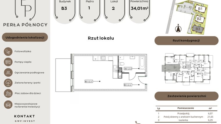 Rzut - Mieszkanie na sprzedaż 1 pokój o powierzchni 34,01 m² - numer B3.1_2 w Perła Północy etap 2