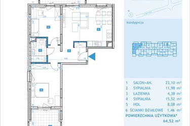 Rzut - Mieszkanie na sprzedaż 3 pokoje o powierzchni 64,52 m² - numer E36 w Osiedle Botaników etap E