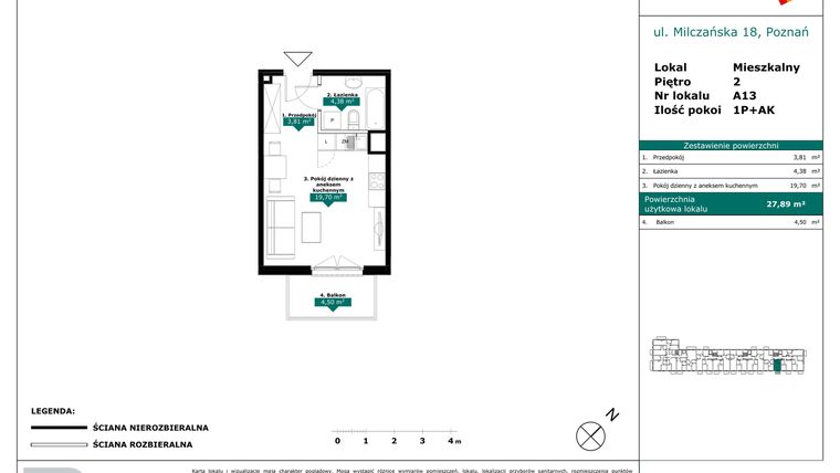 Rzut - Mieszkanie na sprzedaż 1 pokój o powierzchni 27,89 m² - numer A13 w Milczańska 18