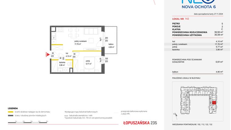 Rzut - Mieszkanie na sprzedaż 2 pokoje o powierzchni 36,49 m² - numer 142 w Neo Nova Ochota 6