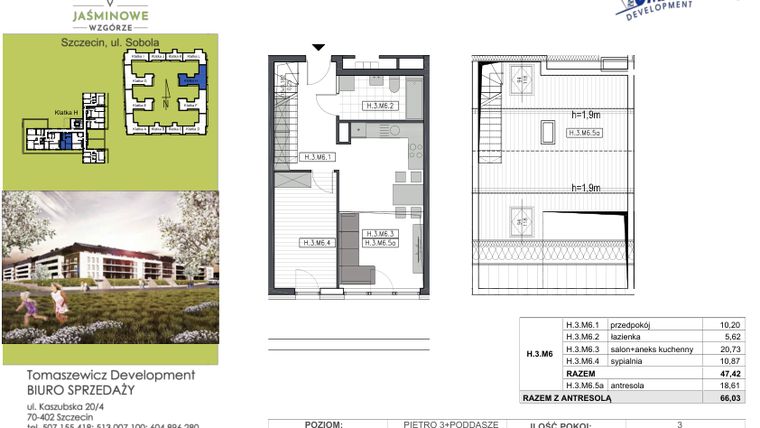 Rzut - Mieszkanie na sprzedaż 3 pokoje o powierzchni 66,03 m² - numer H.3.M6 w Jaśminowe Wzgórze - etap II