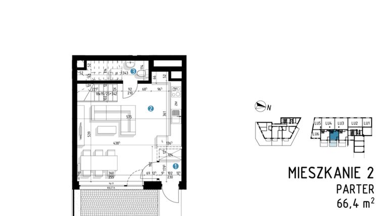 Rzut - Mieszkanie na sprzedaż 3 pokoje o powierzchni 66,4 m² - numer 6A.2 w Parkowa 6AC - ETAP III