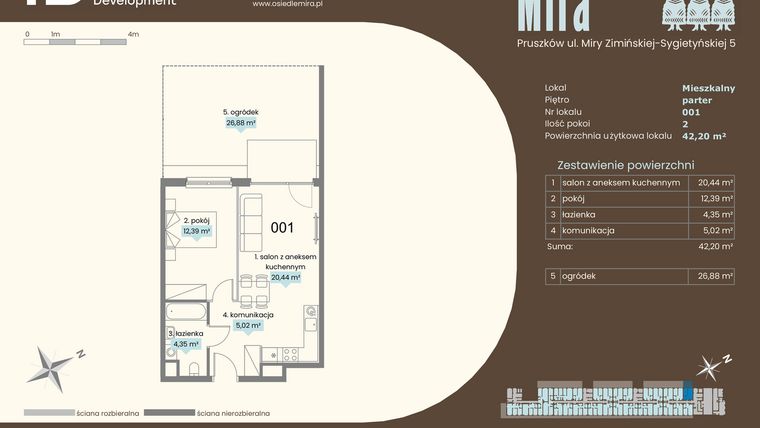 Rzut - Mieszkanie na sprzedaż 2 pokoje o powierzchni 42,2 m² - numer A.001 w Mira