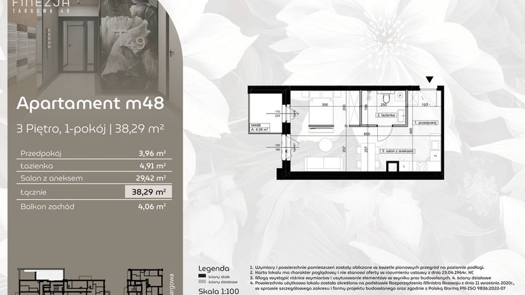 Rzut - Mieszkanie na sprzedaż 1 pokój o powierzchni 38,29 m² - numer M48 w Finezja Targowa 49