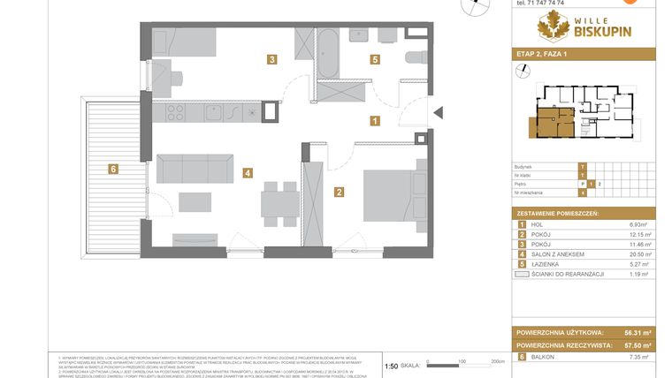 Rzut - Mieszkanie na sprzedaż 3 pokoje o powierzchni 56,31 m² - numer T4 w Wille Biskupin Etap 2.1