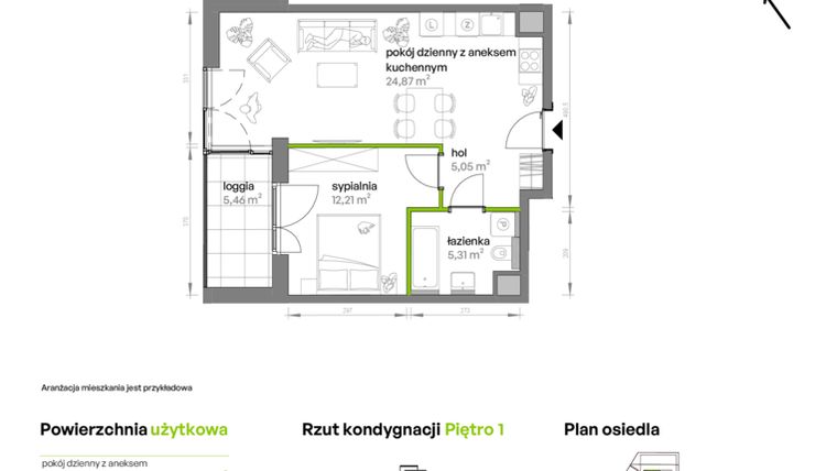 Rzut - Mieszkanie na sprzedaż 2 pokoje o powierzchni 47,44 m² - numer AA0105 w Ptasia Vita