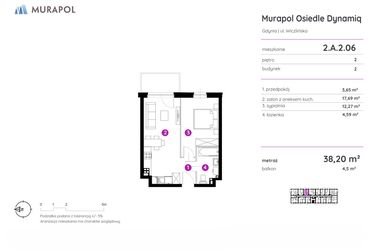 Rzut - Mieszkanie na sprzedaż 2 pokoje o powierzchni 38,2 m² - numer 2.A.2.06 w Murapol Osiedle Dynamiq