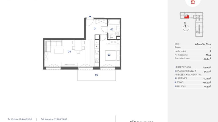 Rzut - Mieszkanie na sprzedaż 2 pokoje o powierzchni 49,3 m² - numer A1.1.2 w Mieszkaj w Mieście - Załęska od Nowa