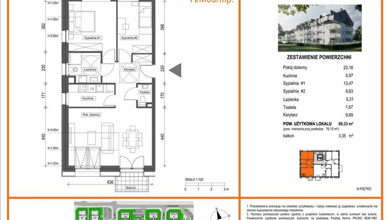 Rzut - Mieszkanie na sprzedaż 1 pokój o powierzchni 65,9 m² - numer A1/M03/3P w Zielony Brochów 7 - etap A
