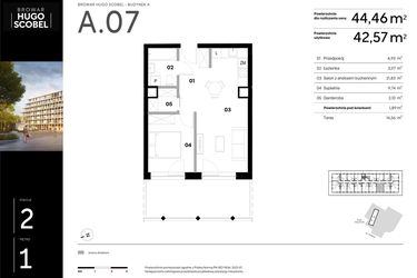 Rzut - Mieszkanie na sprzedaż 2 pokoje o powierzchni 44,46 m² - numer A.07 w Browar HUGO SCOBEL