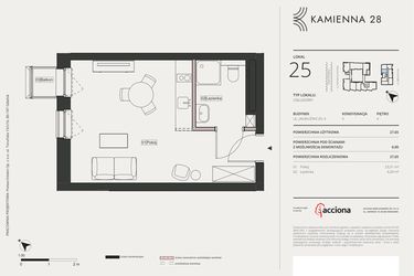 Rzut - Mieszkanie na sprzedaż 1 pokój o powierzchni 27,65 m² - numer 4.25 w Kamienna 28 - apartamenty inwestycyjne
