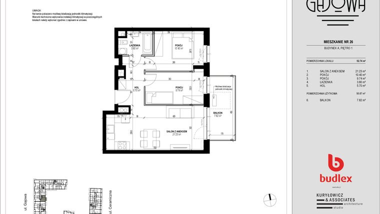 Rzut - Mieszkanie na sprzedaż 3 pokoje o powierzchni 51,55 m² - numer 26 w Gajowa bud. A