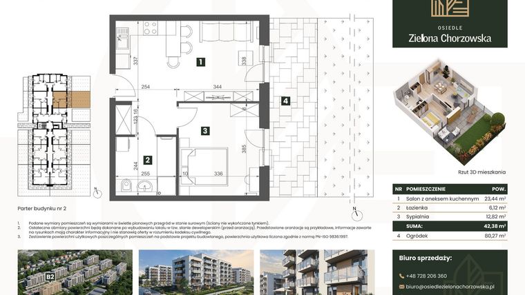 Rzut - Mieszkanie na sprzedaż 2 pokoje o powierzchni 42,38 m² - numer B2.M4 w Osiedle Zielona Chorzowska