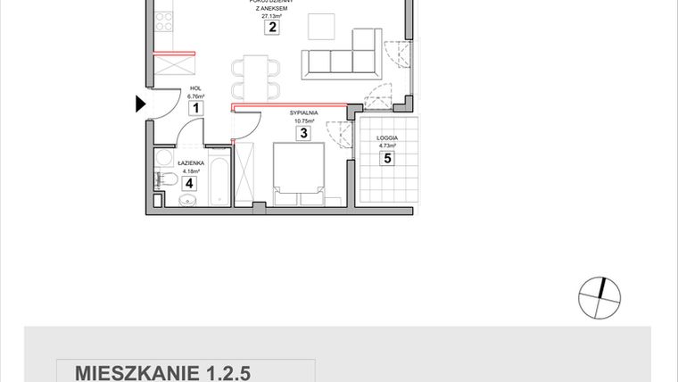Rzut - Mieszkanie na sprzedaż 2 pokoje o powierzchni 49,34 m² - numer 1.2.5 w Zakątek Harmonia III