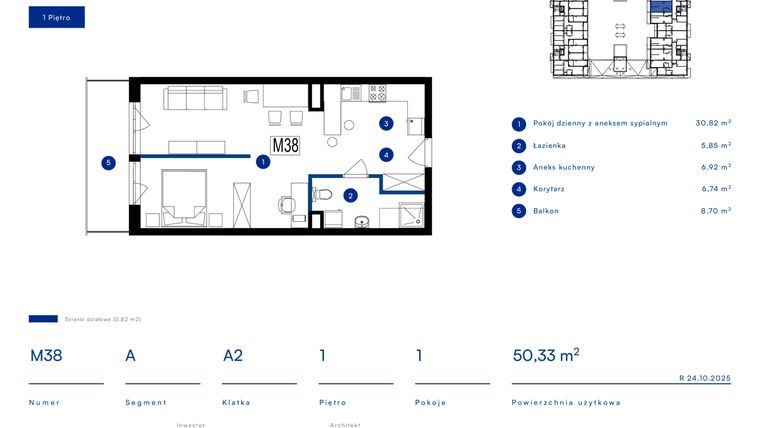 Rzut - Mieszkanie na sprzedaż 1 pokój o powierzchni 50,33 m² - numer 38A w Przy Bursztynowej