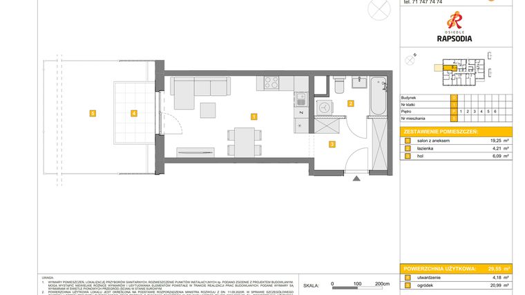 Rzut - Mieszkanie na sprzedaż 1 pokój o powierzchni 29,55 m² - numer D.5 w Osiedle Rapsodia etap 2