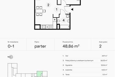 Rzut - Mieszkanie na sprzedaż 2 pokoje o powierzchni 48,86 m² - numer 0-1 w Pączka 1