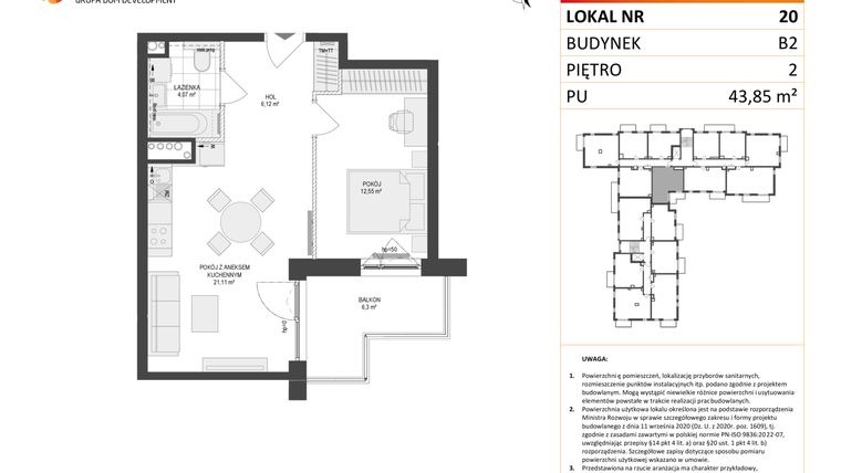 Rzut - Mieszkanie na sprzedaż 2 pokoje o powierzchni 43,85 m² - numer 20 w Locus 2 bud. B2