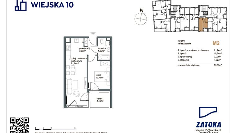 Rzut - Mieszkanie na sprzedaż 2 pokoje o powierzchni 39,63 m² - numer M2 w Wiejska 10