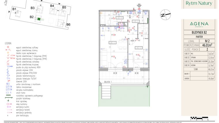 Rzut - Mieszkanie na sprzedaż 2 pokoje o powierzchni 46,01 m² - numer B2M2 w Rytm Natury