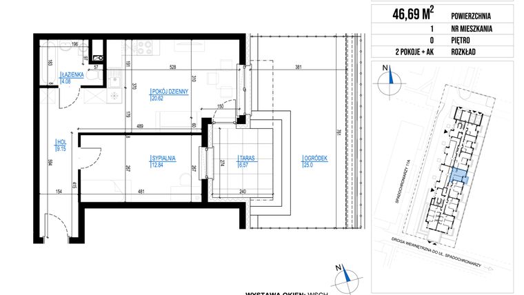 Rzut - Mieszkanie na sprzedaż 2 pokoje o powierzchni 46,69 m² - numer 1 w Vieniava edycja druga