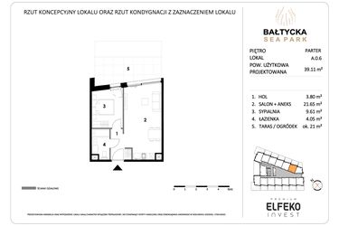 Rzut - Mieszkanie na sprzedaż 2 pokoje o powierzchni 38,11 m² - numer A.0.6 w Bałtycka Sea Park