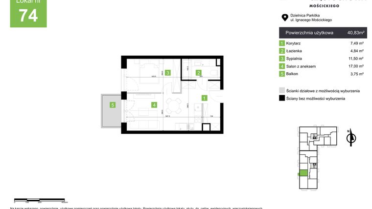 Rzut - Mieszkanie na sprzedaż 2 pokoje o powierzchni 40,83 m² - numer M74 w Nowa Częstochowa Mościckiego