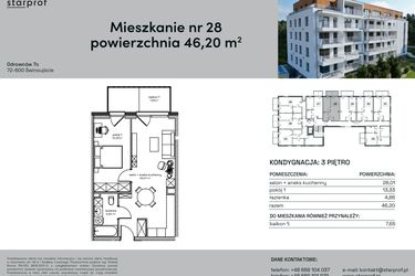 Rzut - Mieszkanie na sprzedaż 2 pokoje o powierzchni 46,2 m² - numer 28 w Odrowców 7C