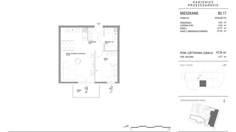 Rzut - Mieszkanie na sprzedaż 2 pokoje o powierzchni 47,26 m² - numer B2.17 w Kamienice Pruszczańskie