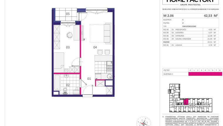 Rzut - Mieszkanie na sprzedaż 2 pokoje o powierzchni 42,53 m² - numer M2.06 w Home Factory etap III