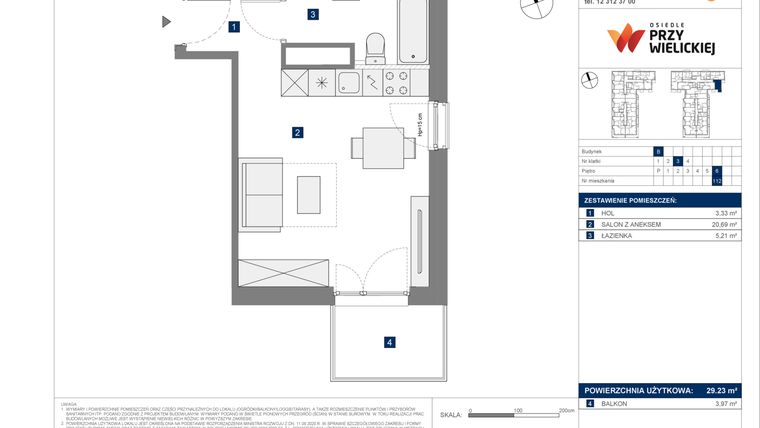Rzut - Mieszkanie na sprzedaż 1 pokój o powierzchni 29,23 m² - numer B-112 w Osiedle przy Wielickiej etap 1.2