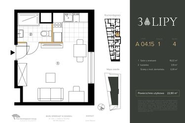 Rzut - Mieszkanie na sprzedaż 1 pokój o powierzchni 22,8 m² - numer A.04.15 w 3 lipy