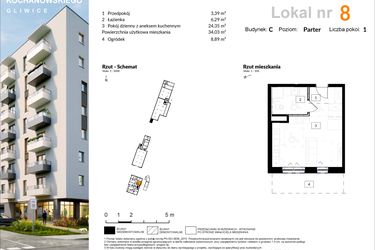 Rzut - Mieszkanie na sprzedaż 1 pokój o powierzchni 34,11 m² - numer C.8 w Osiedle Kochanowskiego - Gliwice