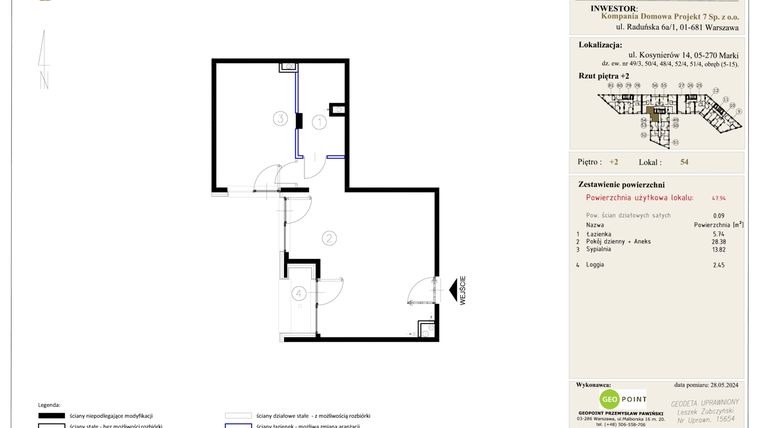 Rzut - Mieszkanie na sprzedaż 2 pokoje o powierzchni 47,94 m² - numer 54 w Markowy Targówek