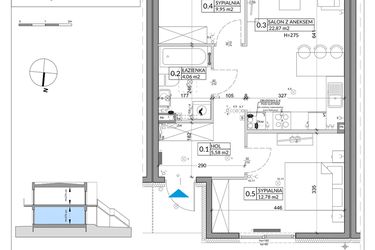 Rzut - Mieszkanie na sprzedaż 3 pokoje o powierzchni 57,39 m² - numer 58A w Osiedle Młodych etap IX