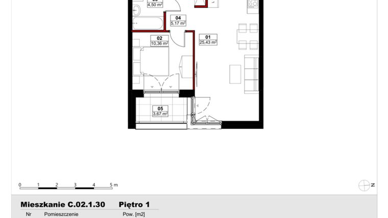 Rzut - Mieszkanie na sprzedaż 2 pokoje o powierzchni 45,46 m² - numer C02.1.30 w Skwer Witosa
