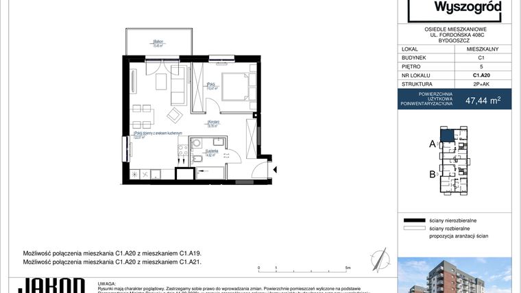 Rzut - Mieszkanie na sprzedaż 2 pokoje o powierzchni 47,44 m² - numer C1.A20 w Nowy Wyszogród etap II