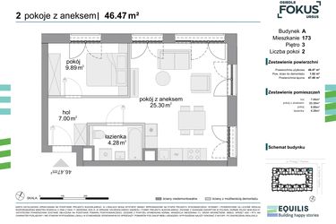 Rzut - Mieszkanie na sprzedaż 2 pokoje o powierzchni 46,47 m² - numer 173 w Osiedle Fokus Ursus